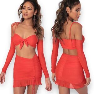 Lucy In The Sky Luciana Two Piece Set Red Crop Top Skirt Size Medium fits S NEW